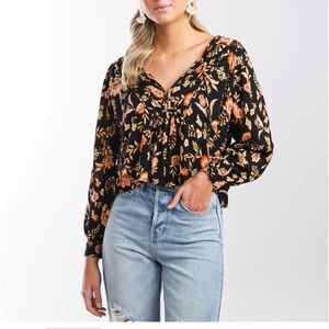 Billabong Desert Daze Front Tie Neck Black Floral Boho Peasant Blouse Small Y